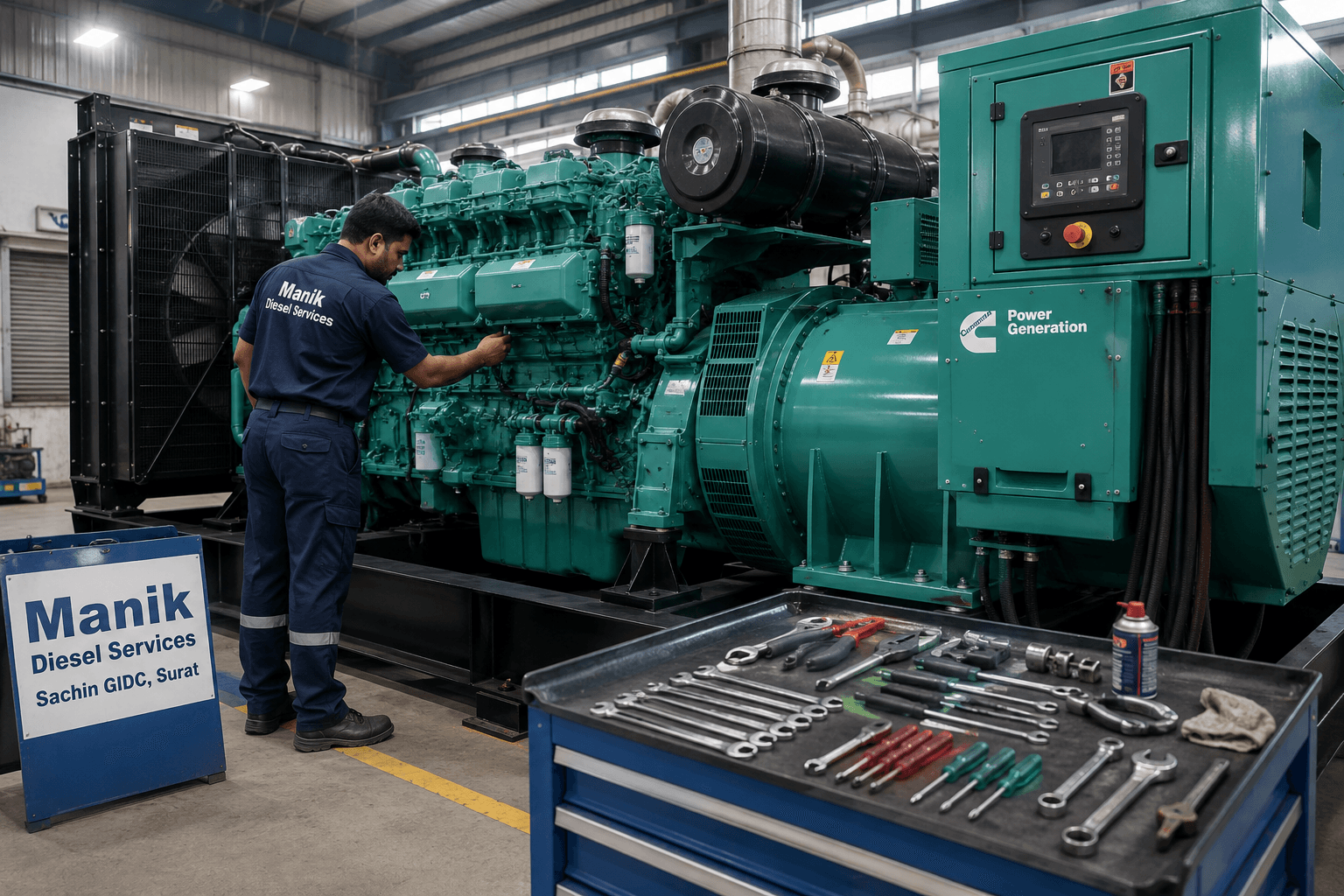 Manik Diesel Services technician servicing a large diesel generator inside the workshop