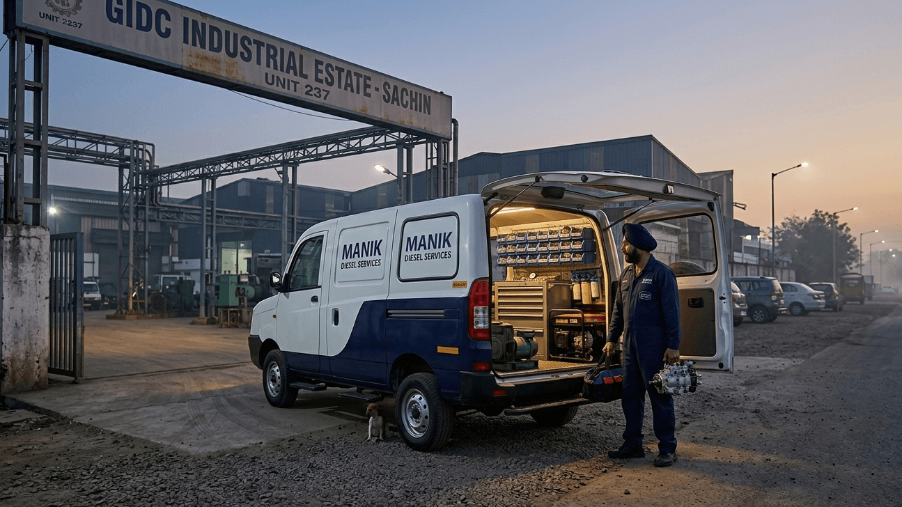 Manik Diesel Services mobile service van outside a GIDC industrial estate