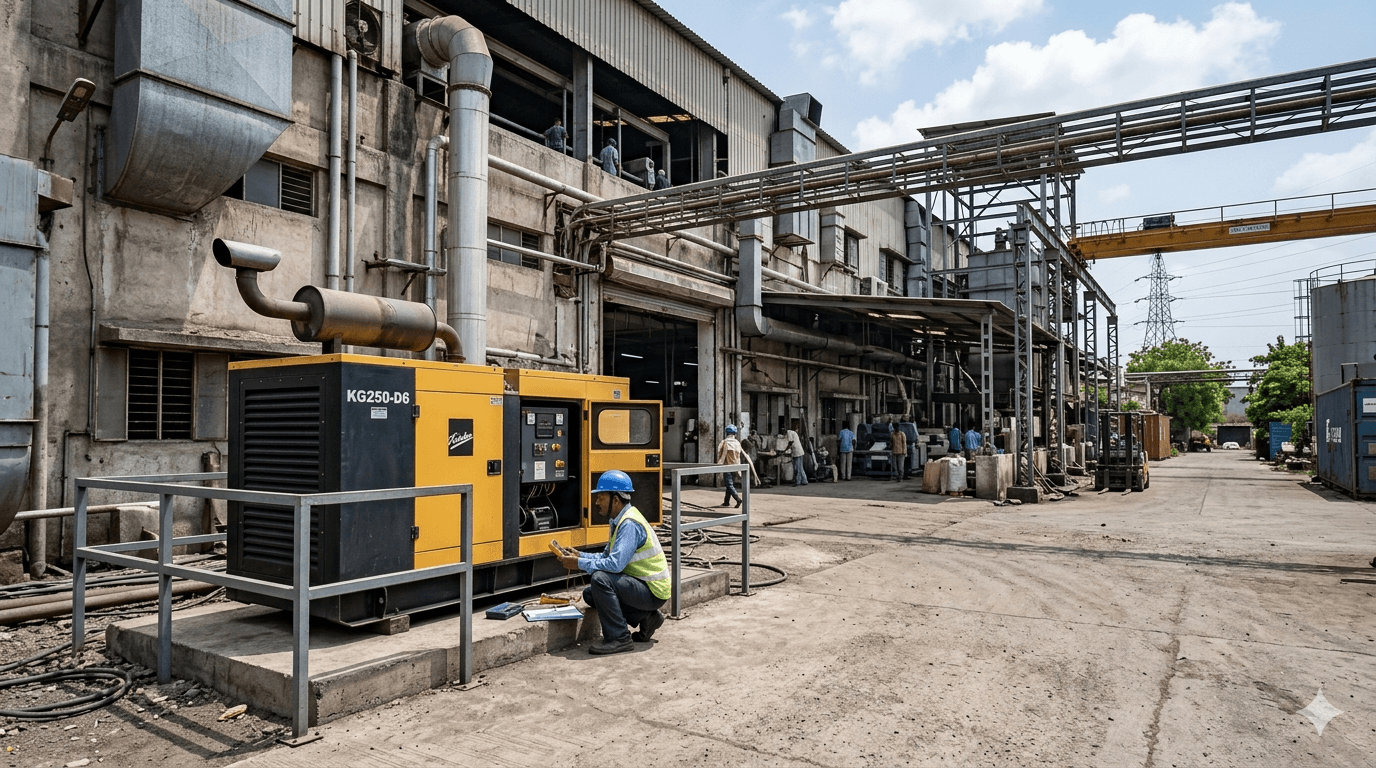 Technician inspecting an outdoor diesel generator installation