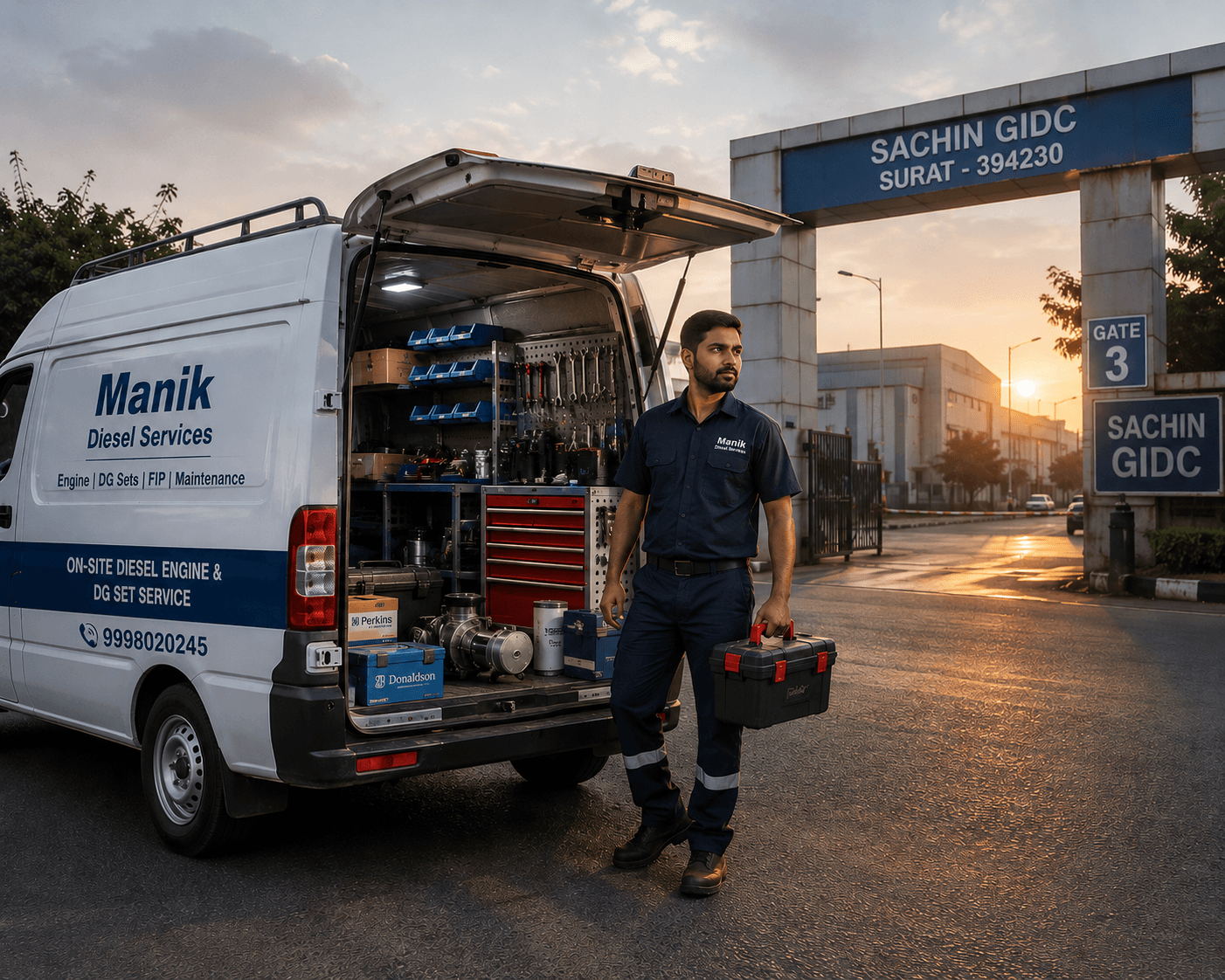 Manik Diesel Services technician with service van at Sachin GIDC, Surat