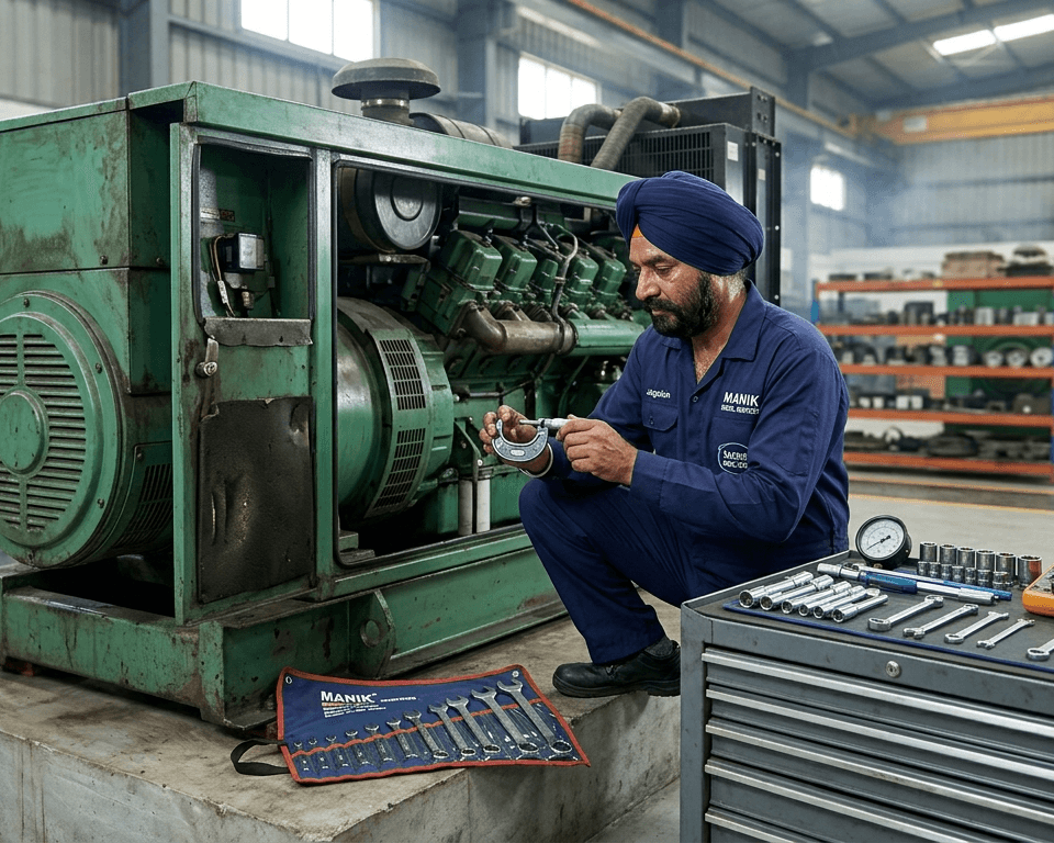 Manik Diesel Services technician holding a generator part inside the workshop