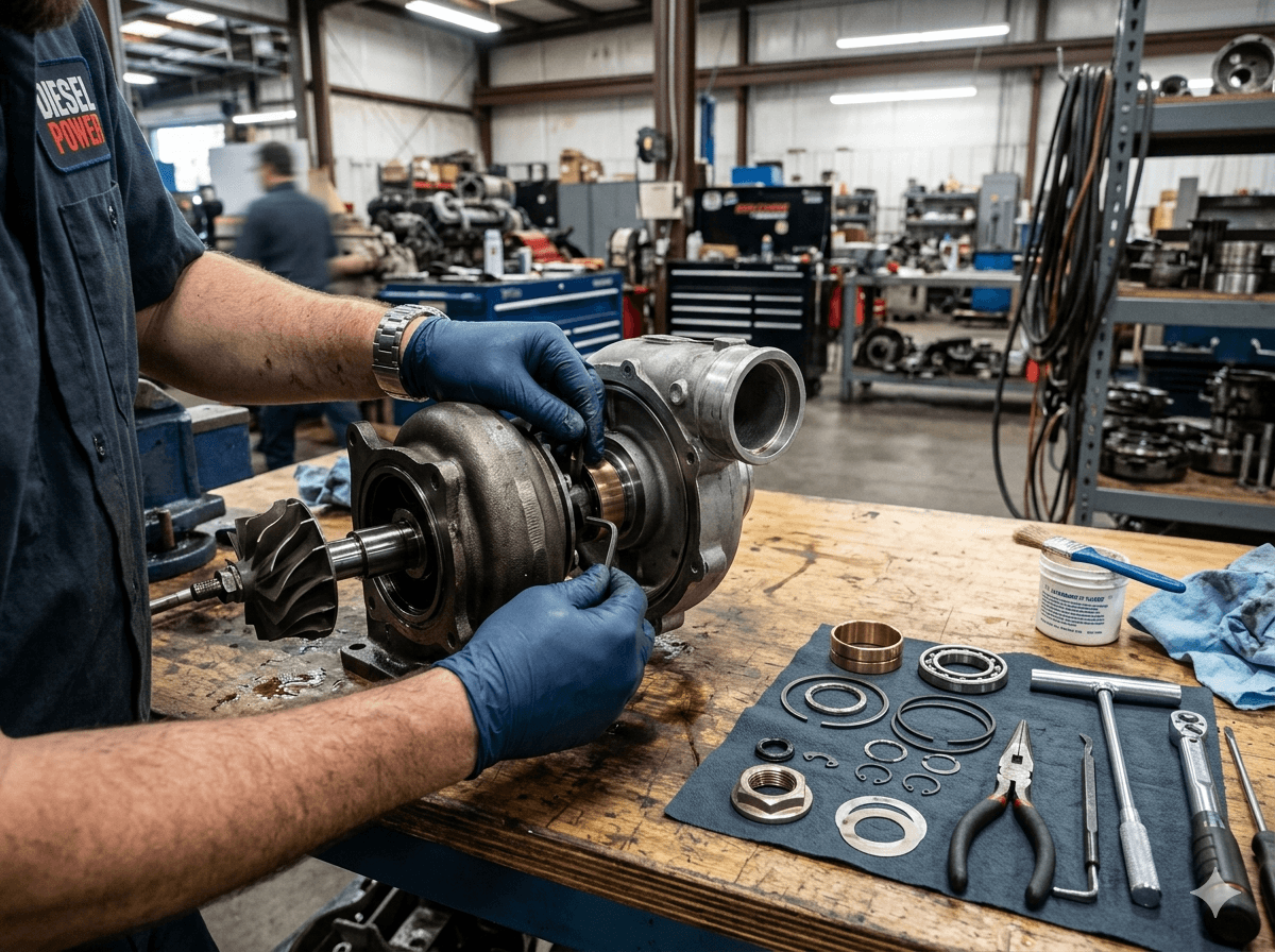 Technician working on a diesel generator component in the workshop