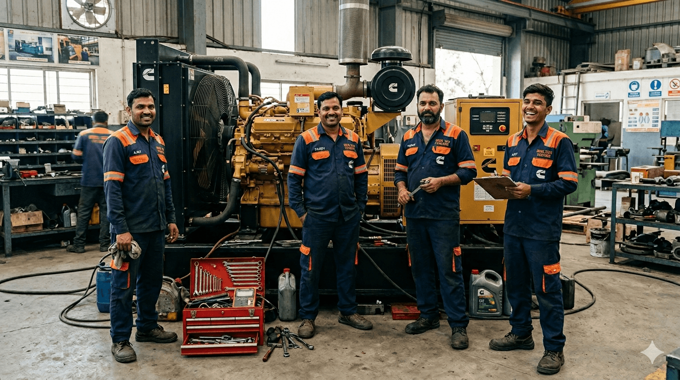 Manik Diesel Services workshop team standing in front of a diesel generator