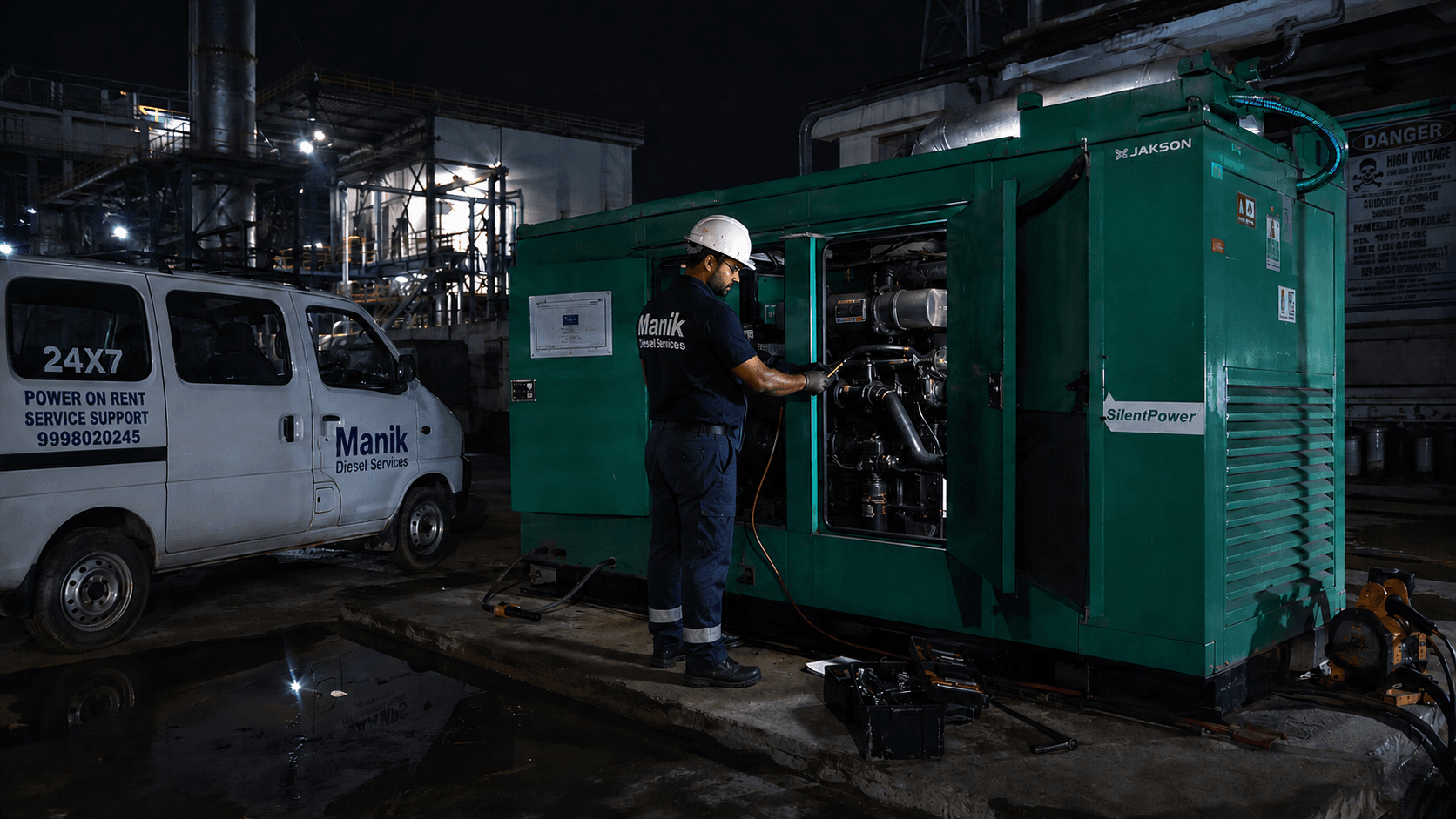 Technician servicing an outdoor diesel generator at night