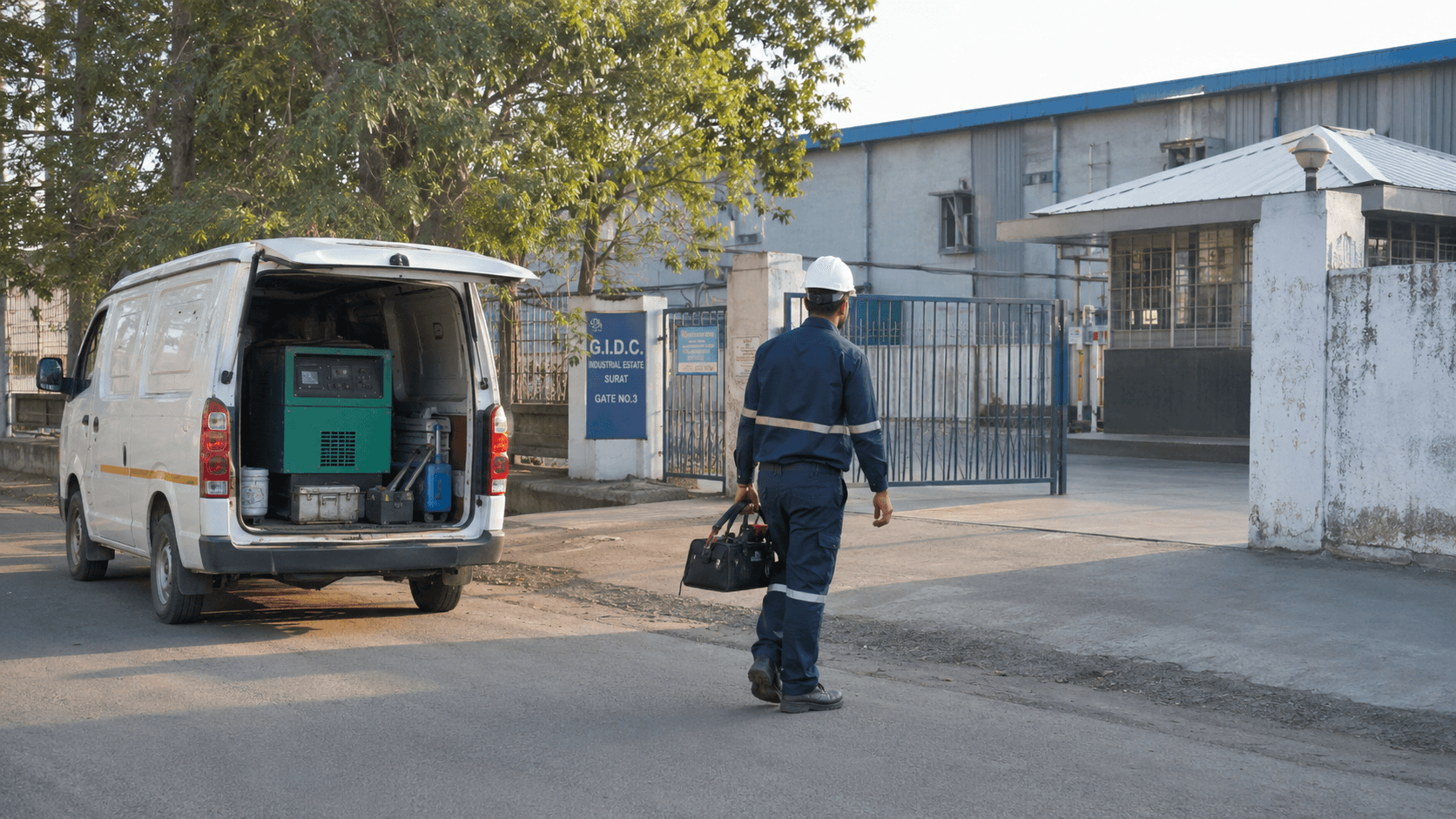 Manik Diesel Services technician beside an open service van outside the office