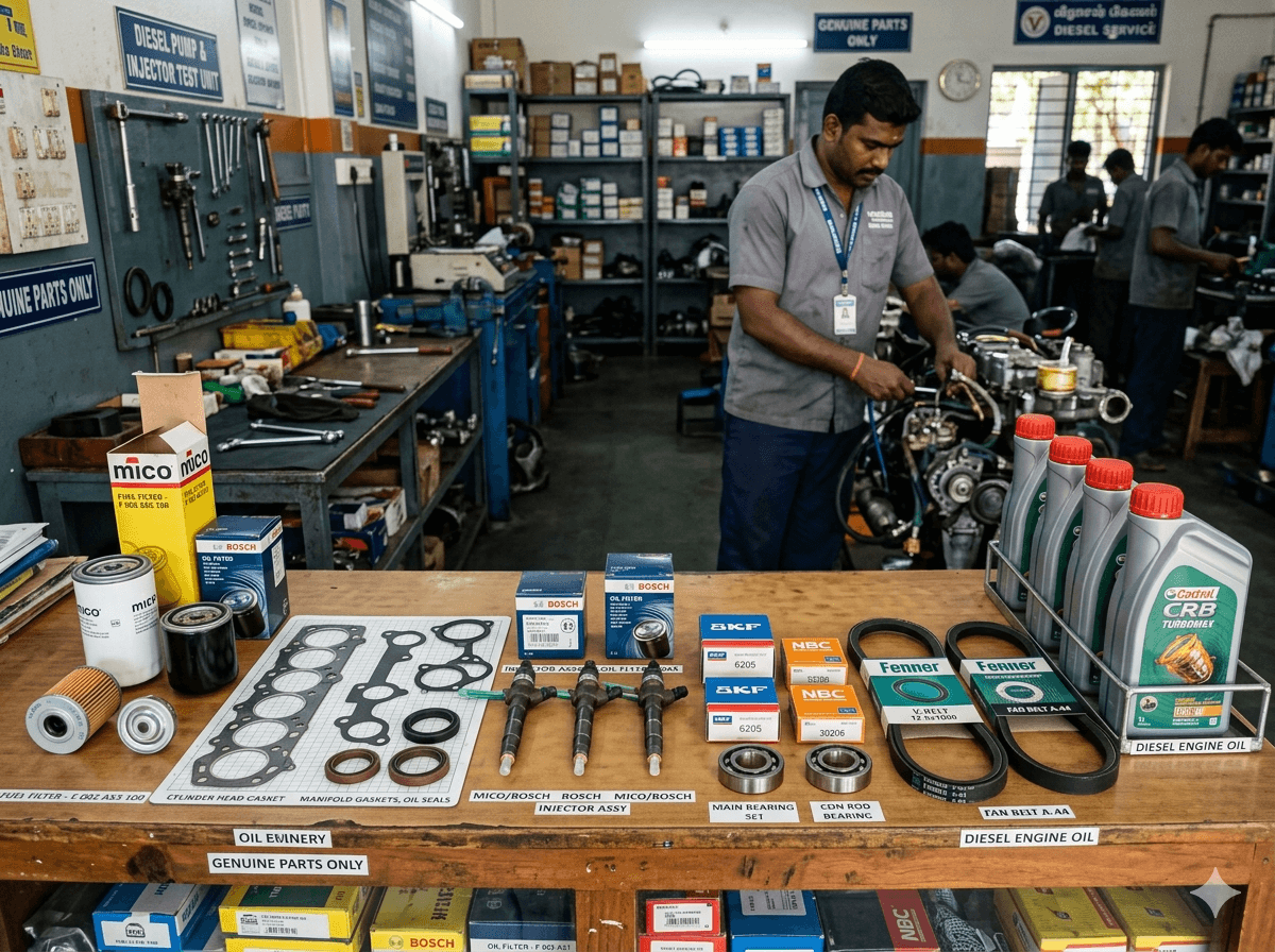 Organized diesel generator spare parts on a workshop table