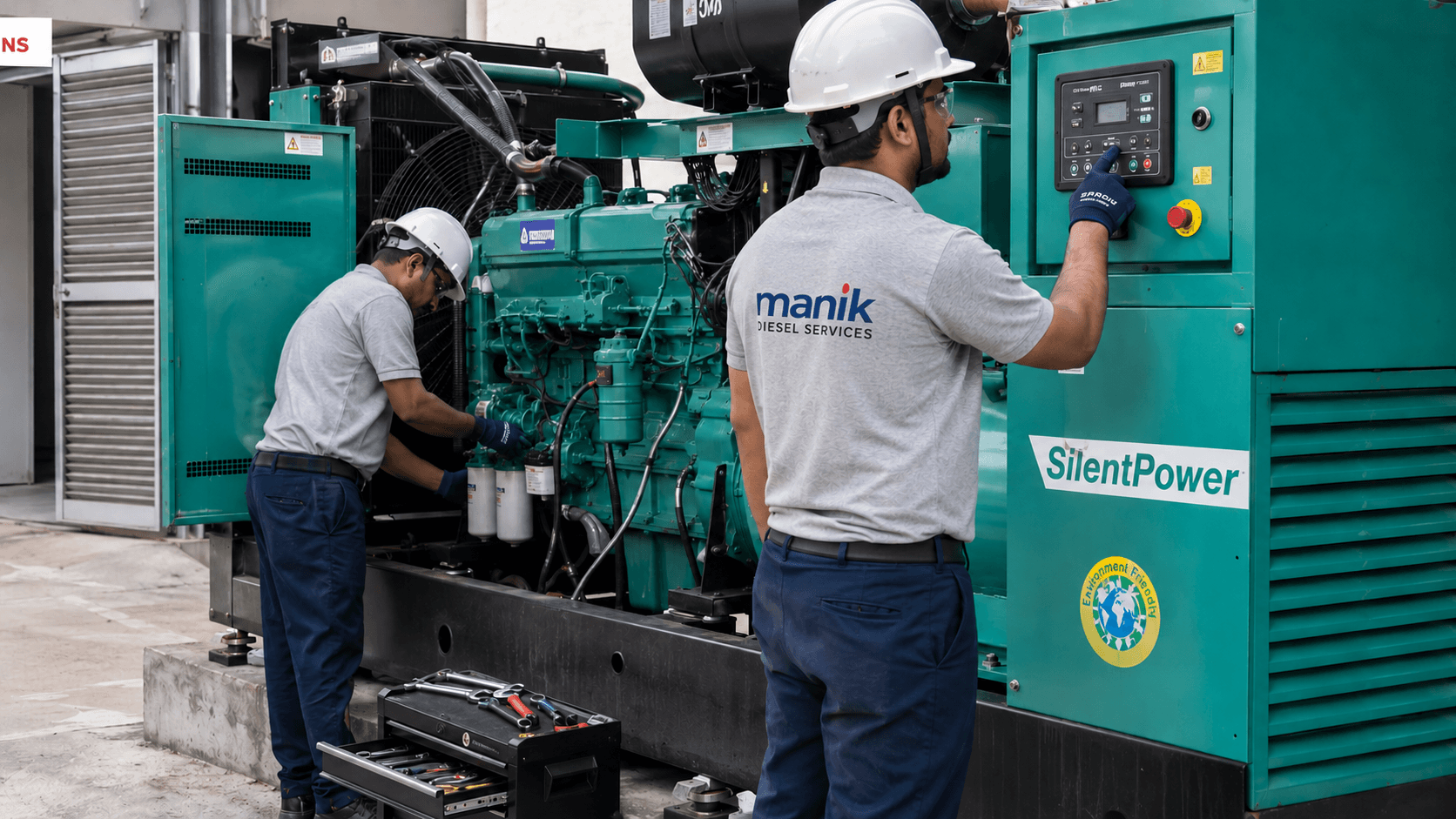Two technicians servicing an outdoor diesel generator