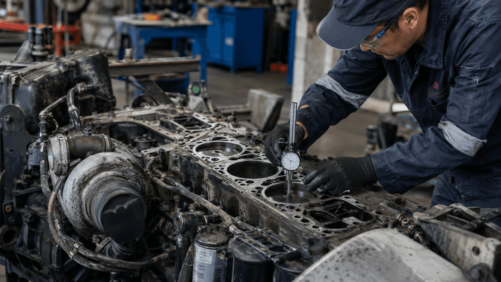 Technician measuring diesel generator components with a precision instrument