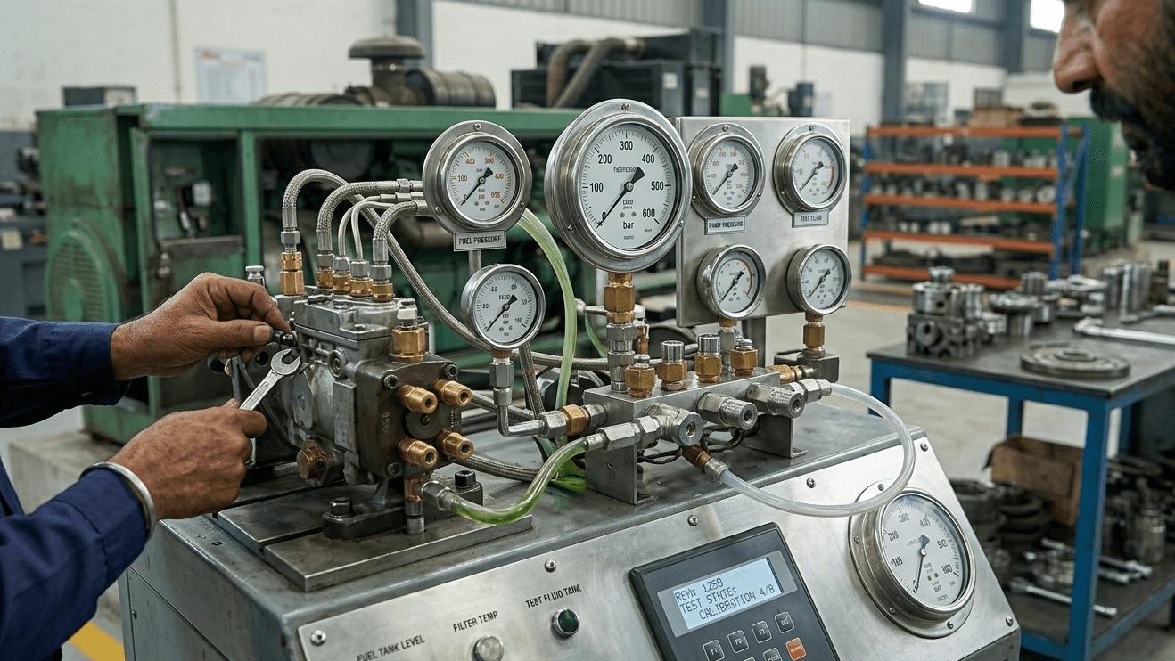 Two technicians working closely on a diesel generator repair